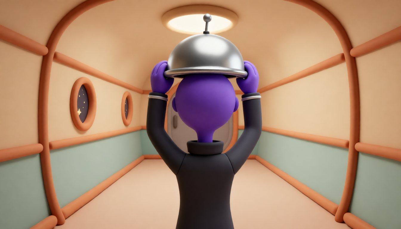 Kapitän Blorp, ein lila Alien mit drei Augen, setzt im Raumschiffgang seinen silbernen Kugelhelm auf