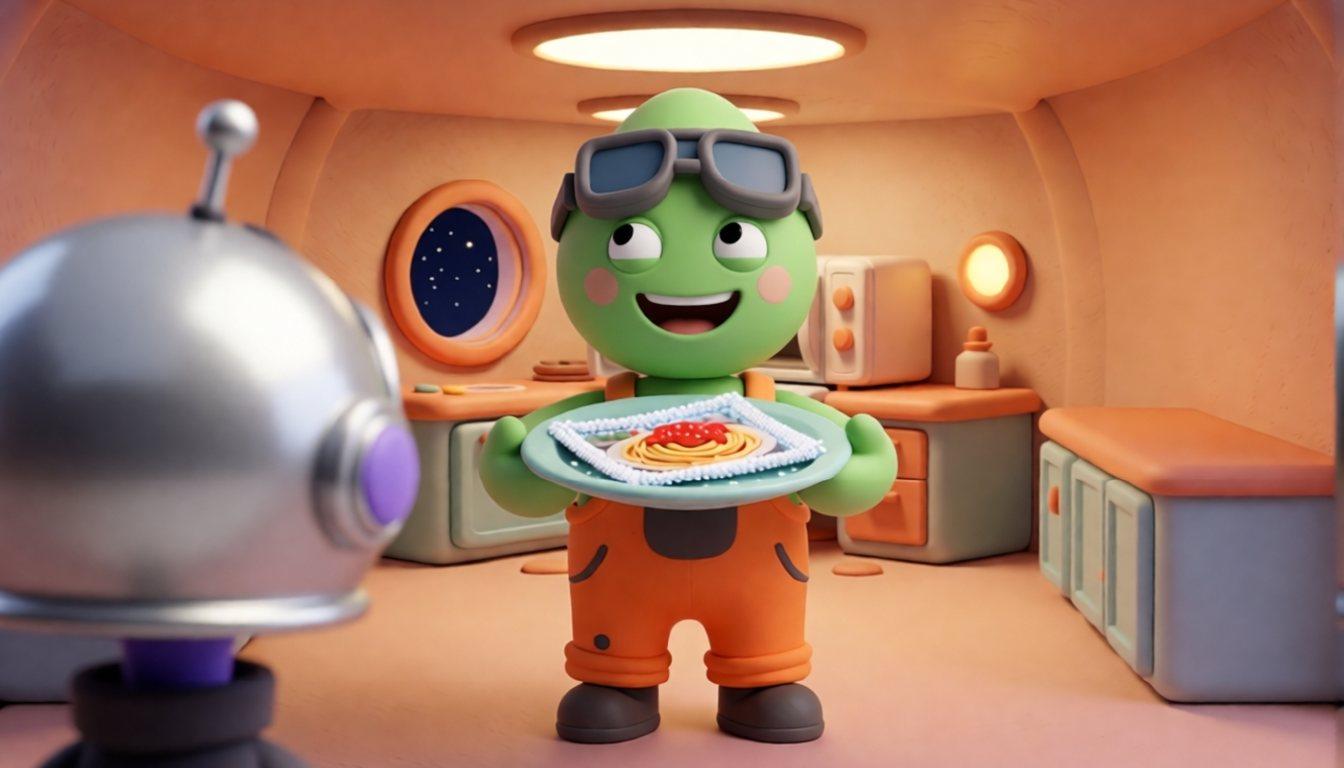 Der kleine grüne Mechaniker Zib hält mit vier Armen einen Teller mit einem bereiften Foto vor der Mikrowelle