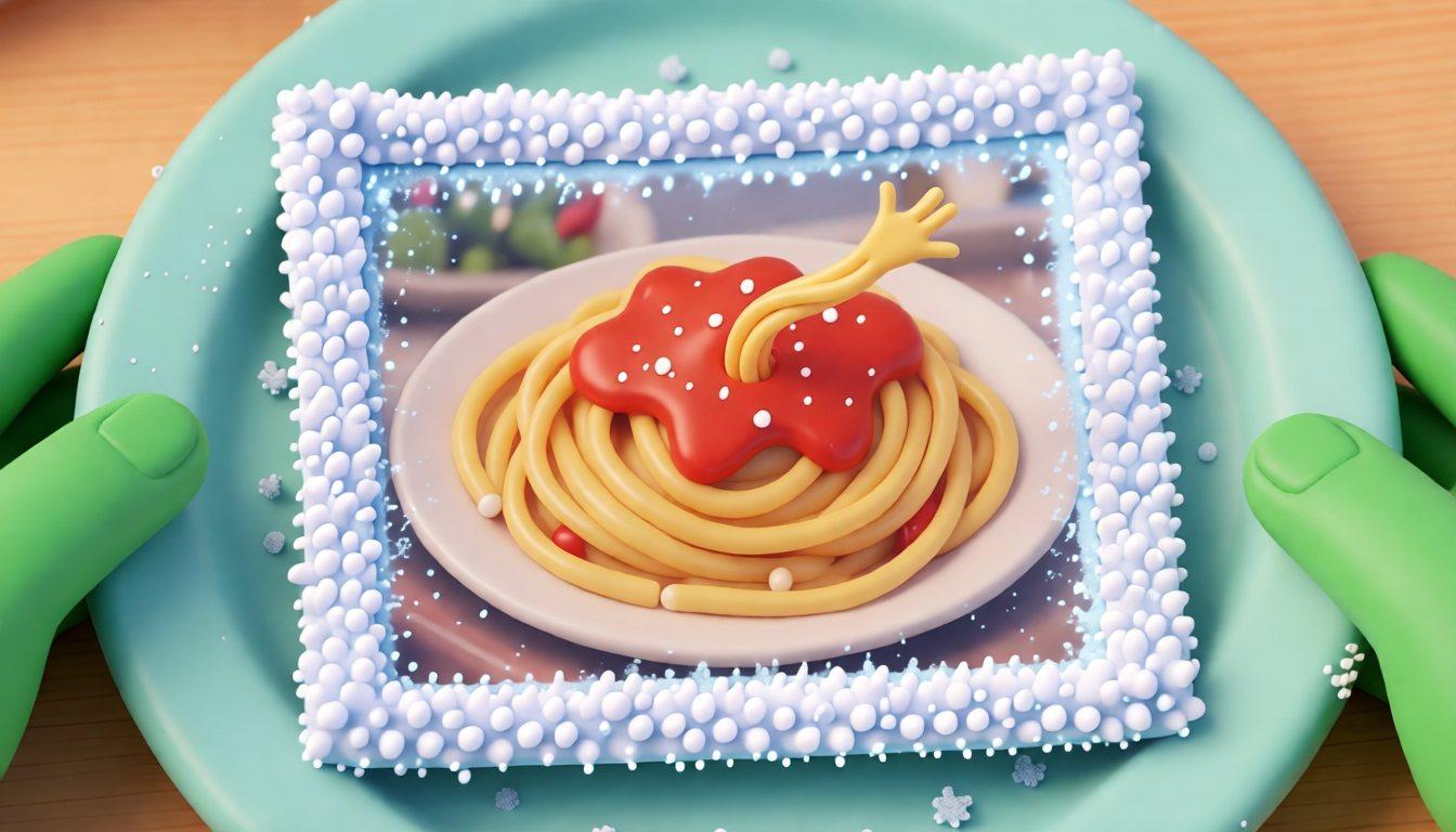 Nahaufnahme eines Sofortbildfotos mit Spaghetti und Reif am Rand auf einem Teller