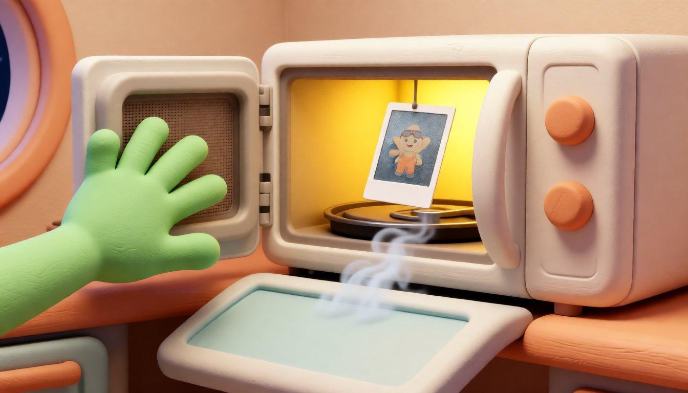 Zib schiebt ein gefrorenes Katzenfoto in die Retro-Mikrowelle
