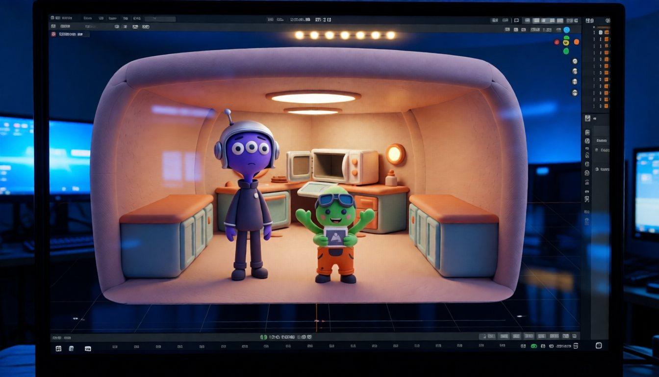 Monitor mit der Bordküche als 3D-Szene in der Blender-Oberfläche, Blorp und Zib stehen still im 3D-Fenster
