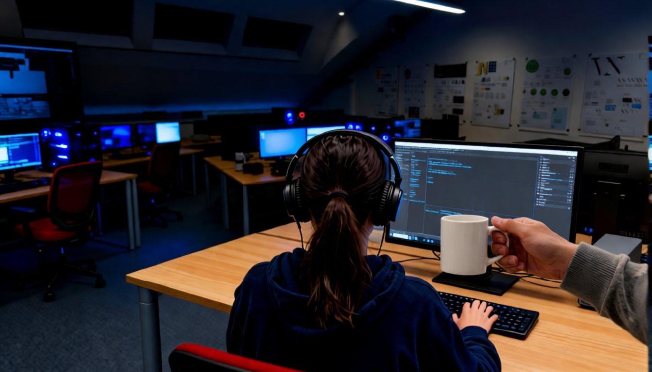 Rückenansicht der Studentin vor dem Monitor, von rechts reicht eine Hand mit weißer Tasse ins Bild